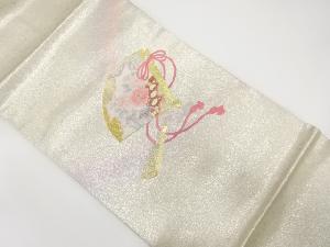 扇に牡丹・菖蒲模様　刺繍　名古屋帯